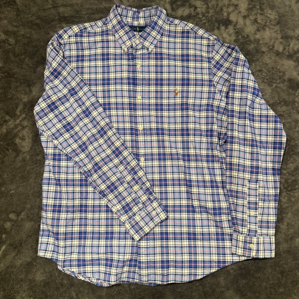 Ralph Lauren Mens XL Blue White Plaid Long Sleeve Button Down Pony Logo Shirt